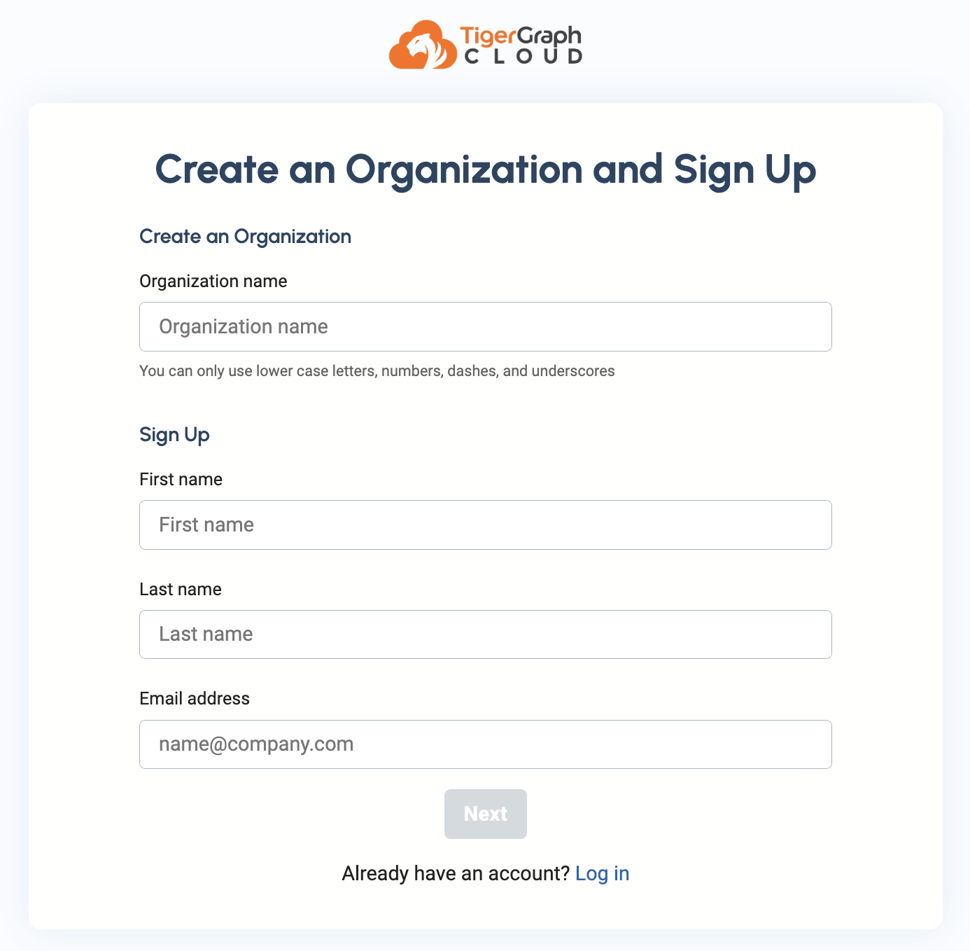 TigerGraph Cloud Classic Create Organization page